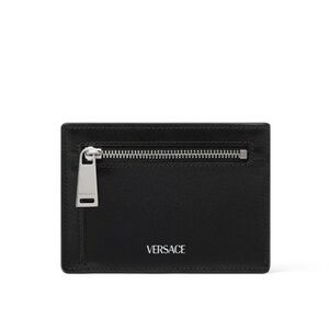 Versace Black Leather Pouch with Silver Zipper